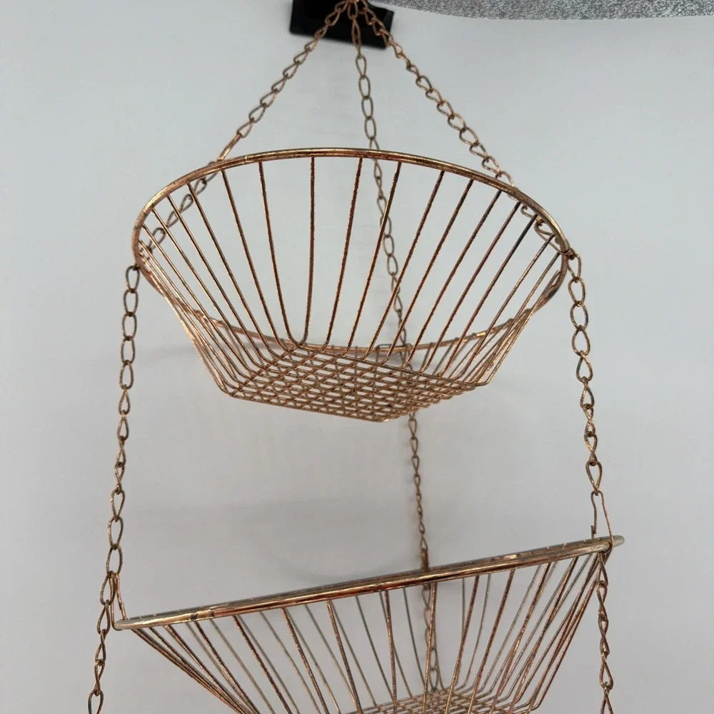 Vintage 3-Tier Metal Mesh Wire Hanging Baskets Collapsible Copper Fruit Plants